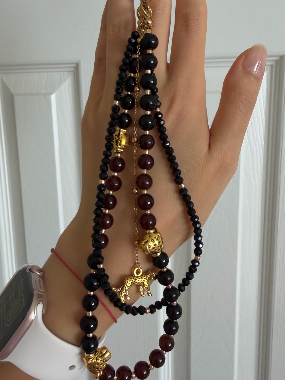 Gold Leopard Charm Black and Dark Brown Beaded Necklace - Women Jewelry